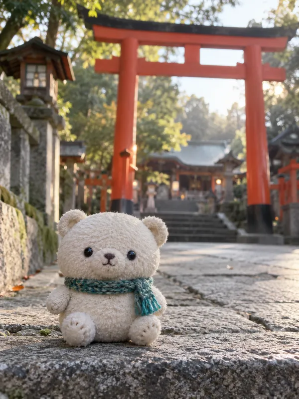 鳥居の前のぬいぐるみの写真
