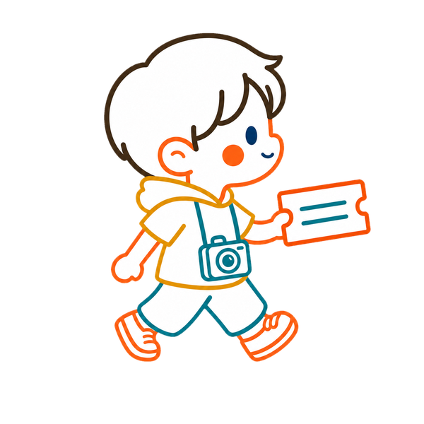 カメラを首から下げてしおりを持って歩くぬいたびのキャラクター
