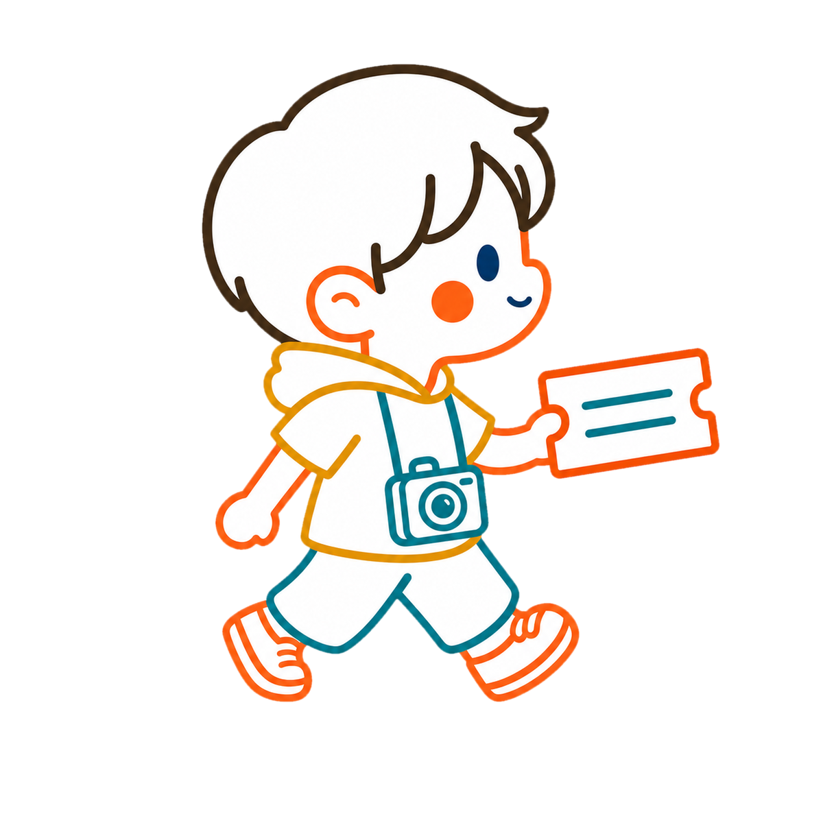 カメラを首から下げてしおりを持って歩くぬいたびのキャラクター